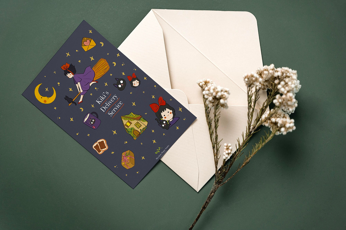 Ghibli Witch, cat, moon, stars,magic, a Seasonal Illustration by Mussbolo Studio (Photo 3 of 4)
