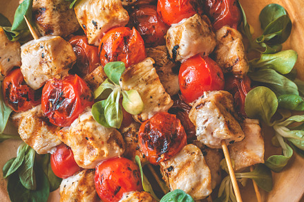 Grilled chicken skewers on the plate containing barbecue, bbq, and cherry, a Food & Drink Photo by Alexander Prokopenko