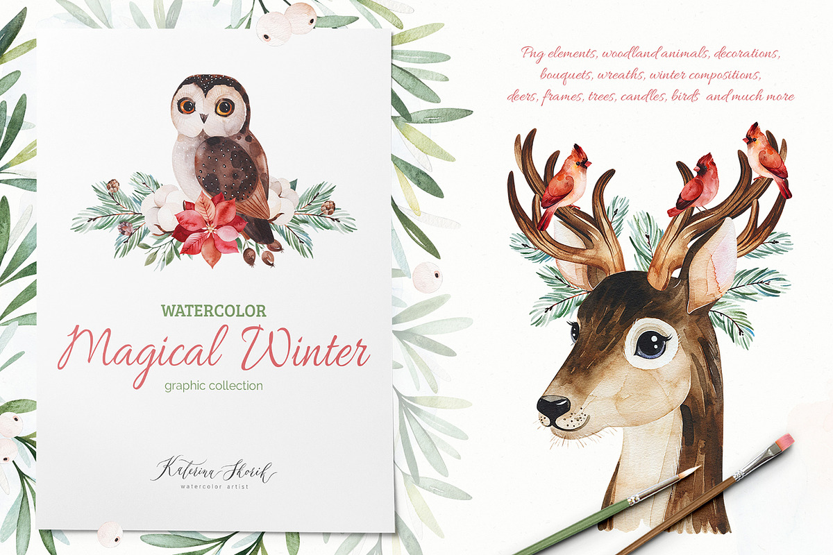 Magical Winter.Watercolor collection, an Animal Illustration by Kate_Rina (Photo 1 of 7)