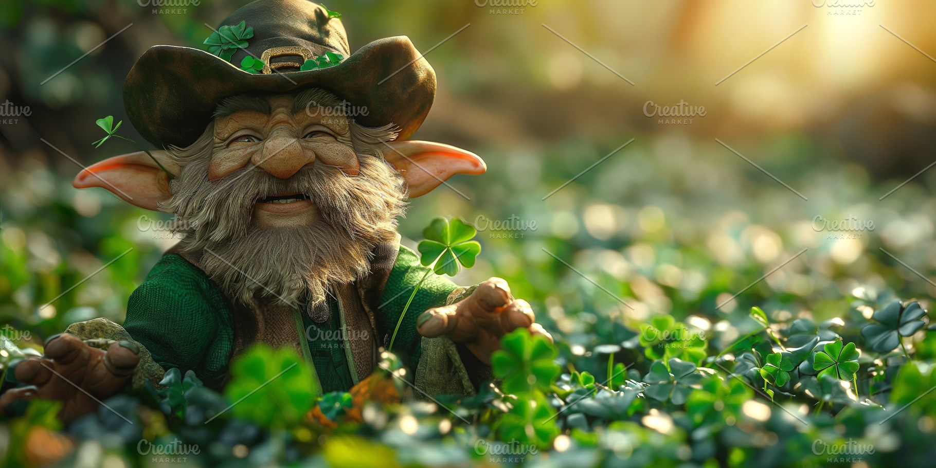A joyful leprechaun with a bushy beard surrounded by vibrant green clovers in a, a Background Photo by ImageMir