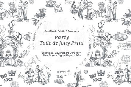 Party Toile de Jouy Seamless Pattern, a Background Graphic by Hughes Studio