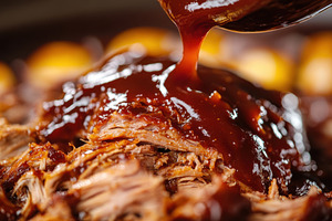BBQ sauce flows over juicy pulled, a Photo by Pavel_design