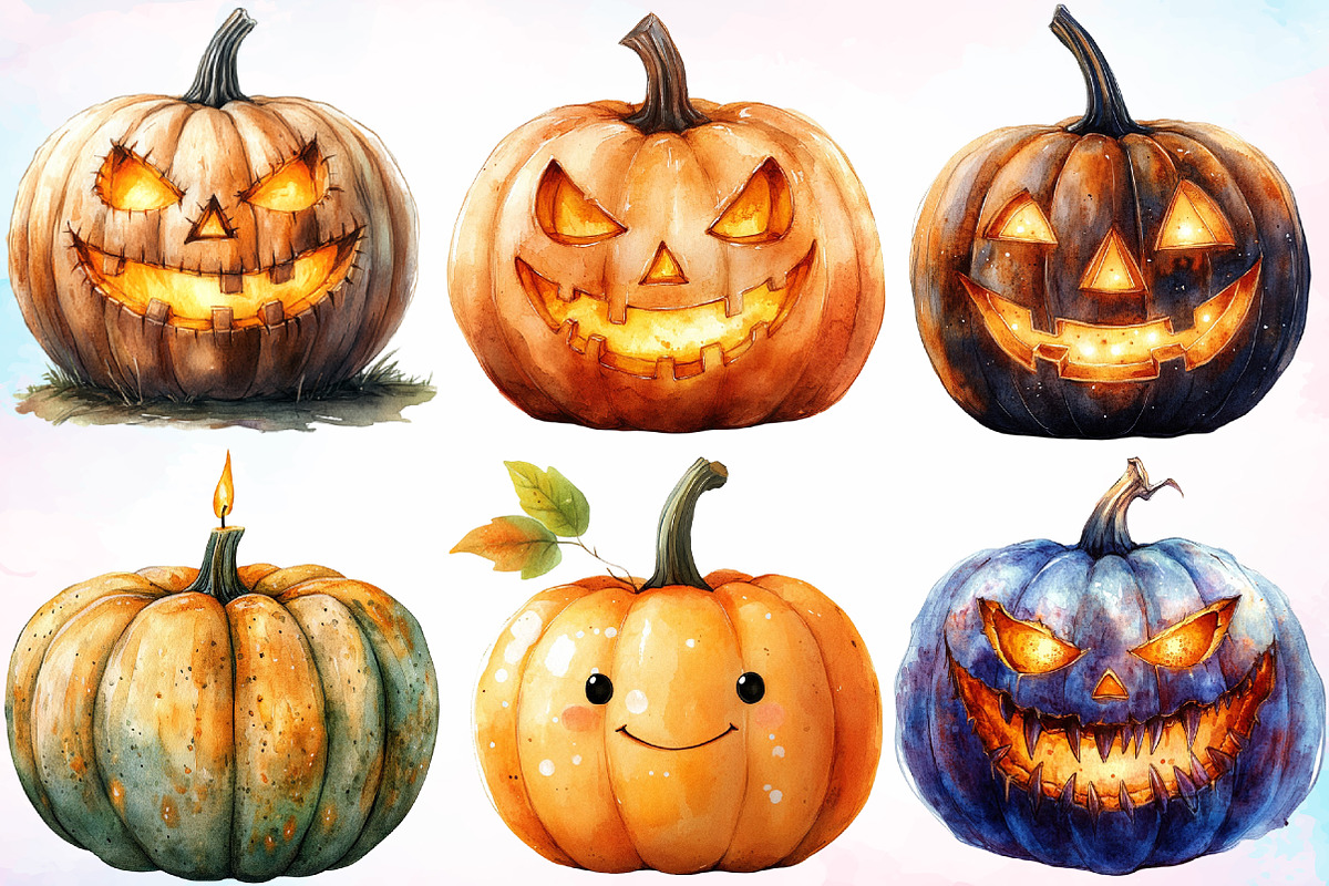 Watercolor Halloween Pumpkin Clipart, a Seasonal Illustration by Canvas Craft (Photo 3 of 8)