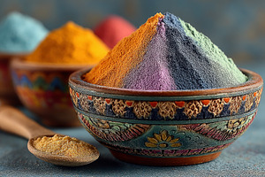 Traditional decorative bowl filled with vibrant Holi color powde, a Holiday Photo by José Manuel Gelpi