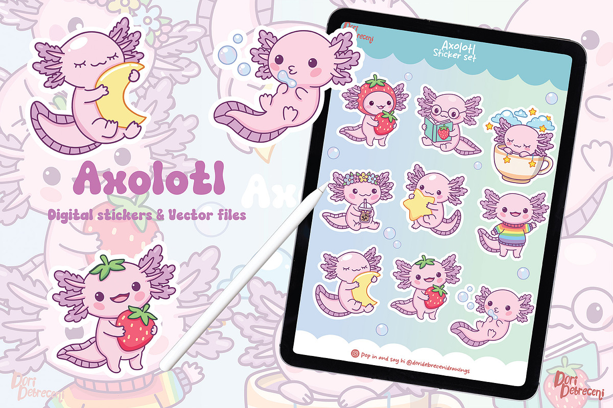 Cute Axolotl Sticker Set, an Animal Illustration by Dori Debreceni draws (Photo 2 of 4)