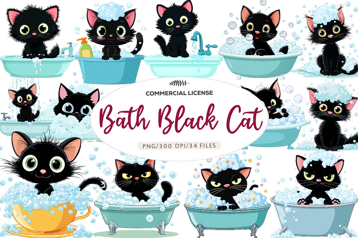 Bath black cat clip-art, an Illustration by CreationArt (Photo 1 of 6)
