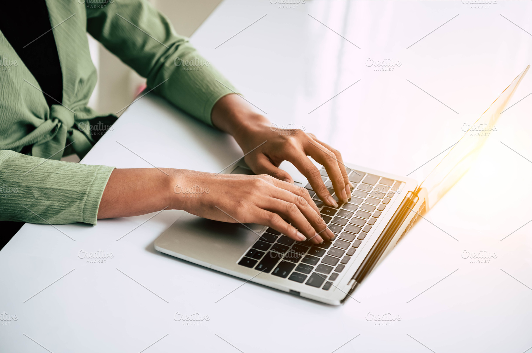 Closeup of woman hand working at home office and typing on keybo, a Technology Photo by Ministocker
