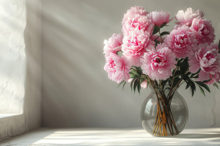 Beautiful Bouquet of Pink Peonies in a Vase on a Sunlit Table, a Photo by AS photostudio