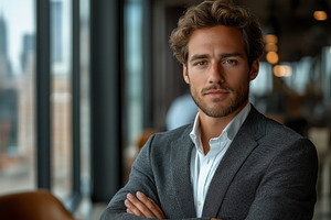 Confident young man in a suit, exuding professionalism with city skyline backdr, a Person Photo by ImageMir