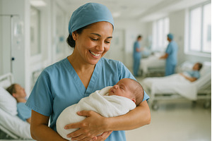 Nurse smiles while holding newborn, a Health & Medical Photo by Ungvar Studio
