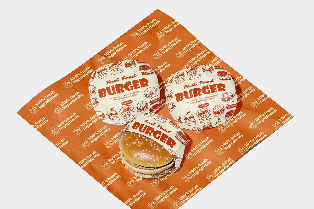 Fast Food Burger Paper Wrap Mockup, a Packaging Mockup by Bartama Graphic (Photo 2 of 5)