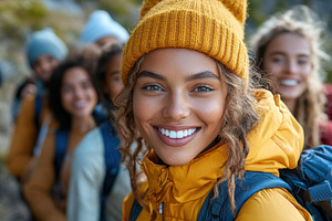 Smiling young woman in a yellow jack, a Photo by Tanuart