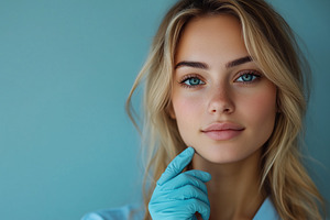 A young woman esthetic technologist with long blonde hair and blue eyes, wearin, a Person Photo by Textures & Backgrounds