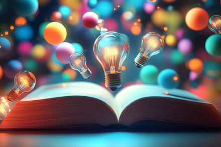 Open Book with Floating Light Bulbs and Colorful Spheres, a Photo by Natalia Klenova's Shop
