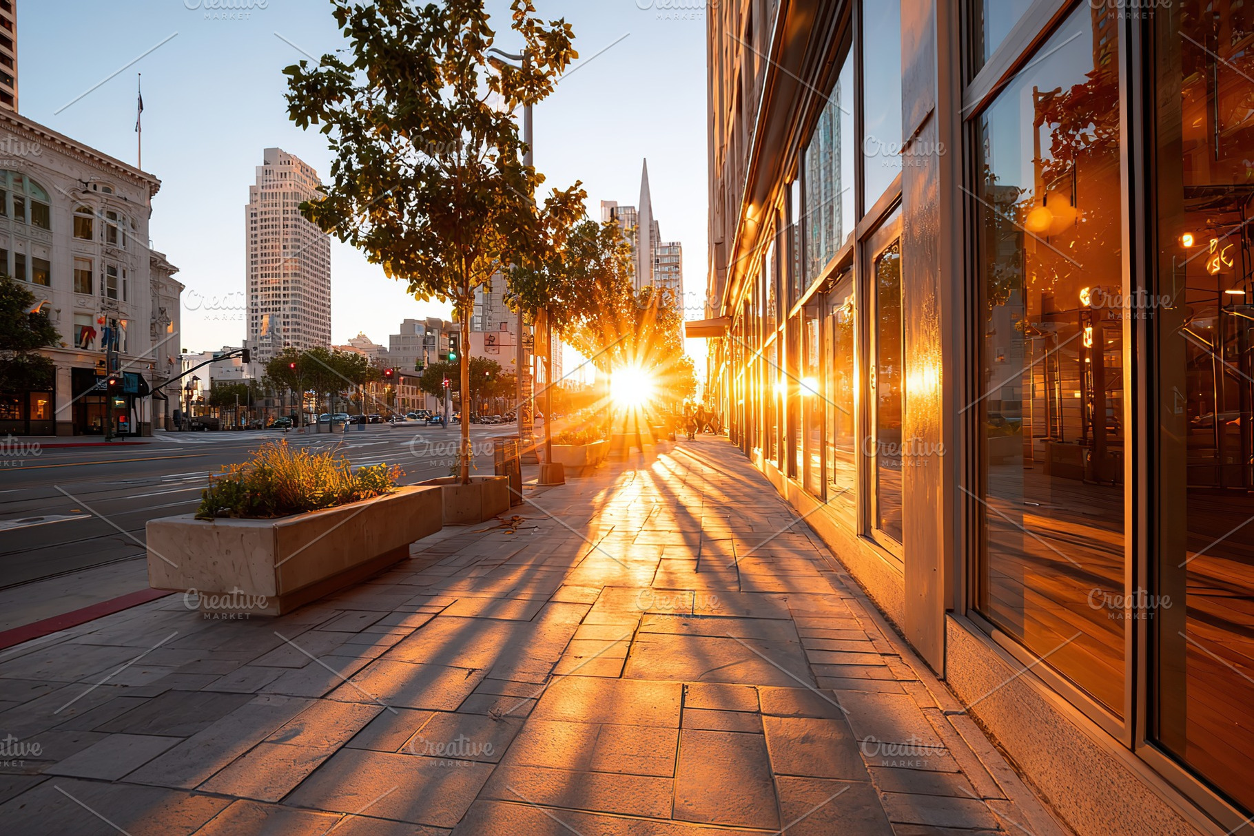 Sunset casts long shadows along city sidewalk near modern buildings in urban la, a Photo by AlyaAnd