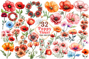 Poppy Flower Watercolor Cliparts, an Illustration by Watercolor design
