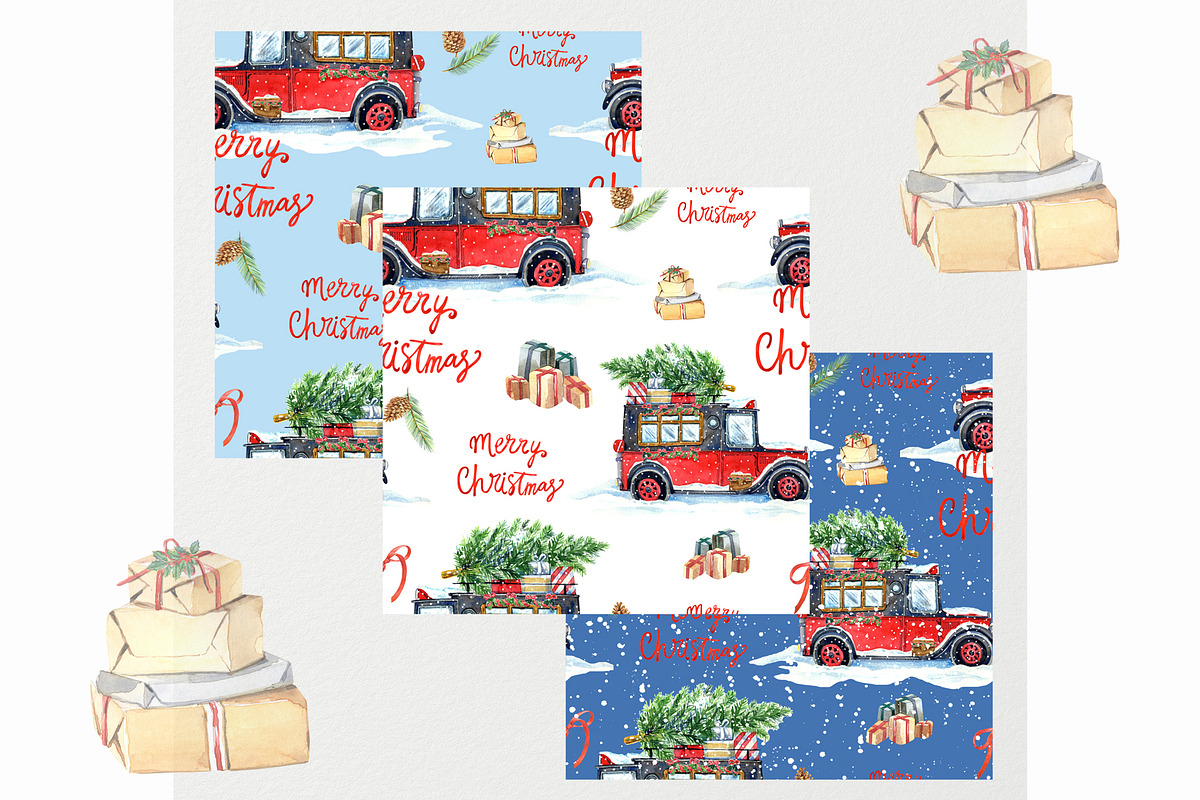 Watercolor Christmas patterns, a Transportation Illustration by JennyColorArt (Photo 3 of 5)