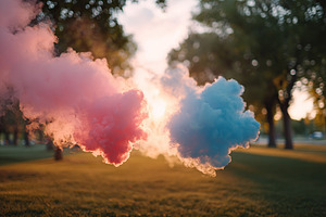 Colorful smoke reveals gender at sunset in a park with trees and bright sky, a Photo by AlyaAnd