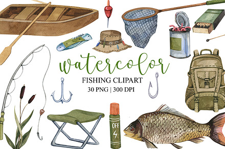 Watercolor Fishing Clipart, PNG, an Object Illustration by PatternPalette