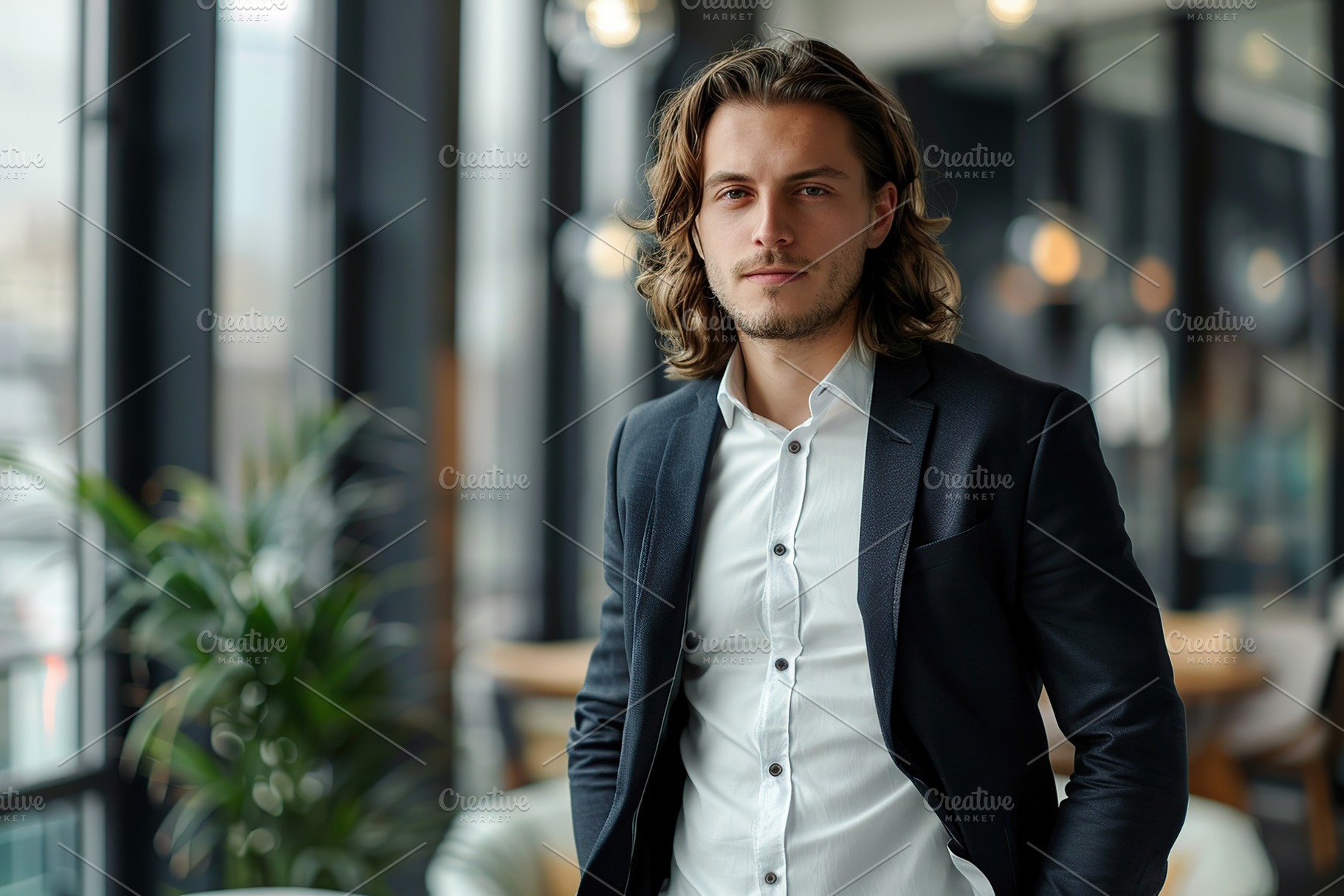 Young businessman in business suit with long hair standing on blurred office ba, a Business Photo by AlyaAnd