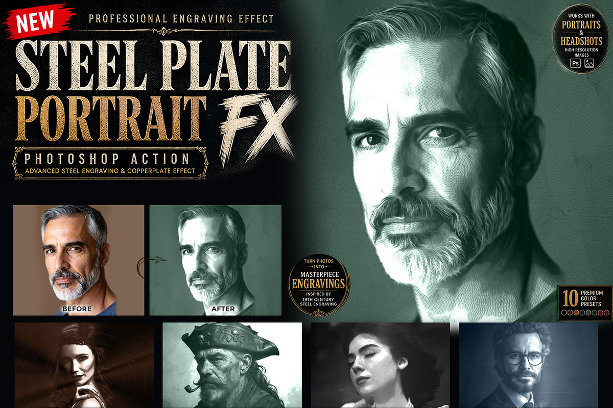 Steel Plate Portrait FX Ps Action, an Action Add-On by Studio Retouch (Photo 1 of 10)
