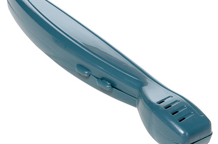 A sleek, teal colored plastic case for a toothbrush, featuring v