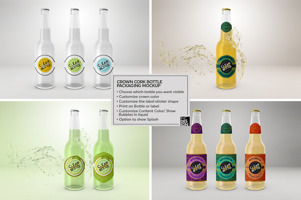 Clear Bottle with Crown Cork Mockup, a Cups & Container Mockup by INCDesign (Photo 2 of 9)