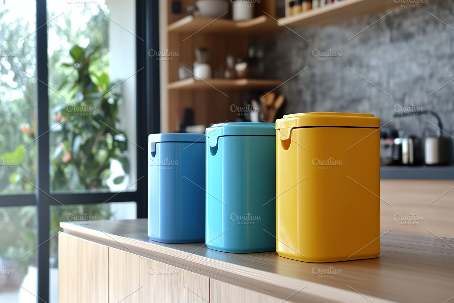 Colorful waste bins standing in a row in the home kitchen, a Photo by AlyaAnd