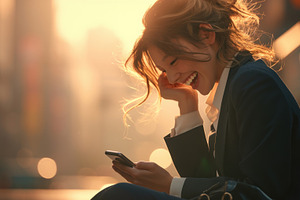 businesswoman smiling looking at smartphone, a Photo by Pictures for you!!!!!!!!!