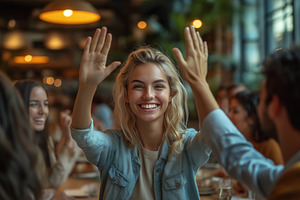 Cheerful young woman enjoying a lively moment with friends in a cozy restaurant, a Person Photo by ImageMir
