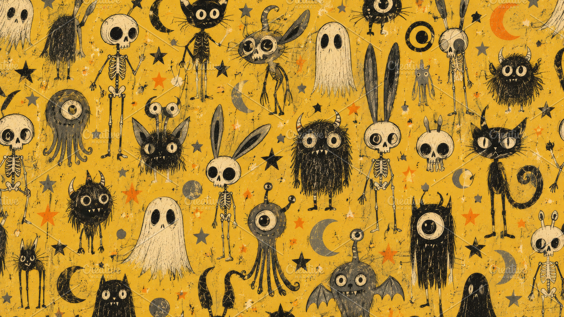 Vintage Halloween pattern with whimsical skeletons, ghosts, blac, an Arts & Entertainment Photo by Imaginarium