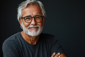 Smiling senior man with white hair and beard wearing glasses and, a Person Photo by José Manuel Gelpi