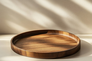 A beautifully crafted wooden tray with soft shadows casting over its surface, s, a Background Photo by ImageMir