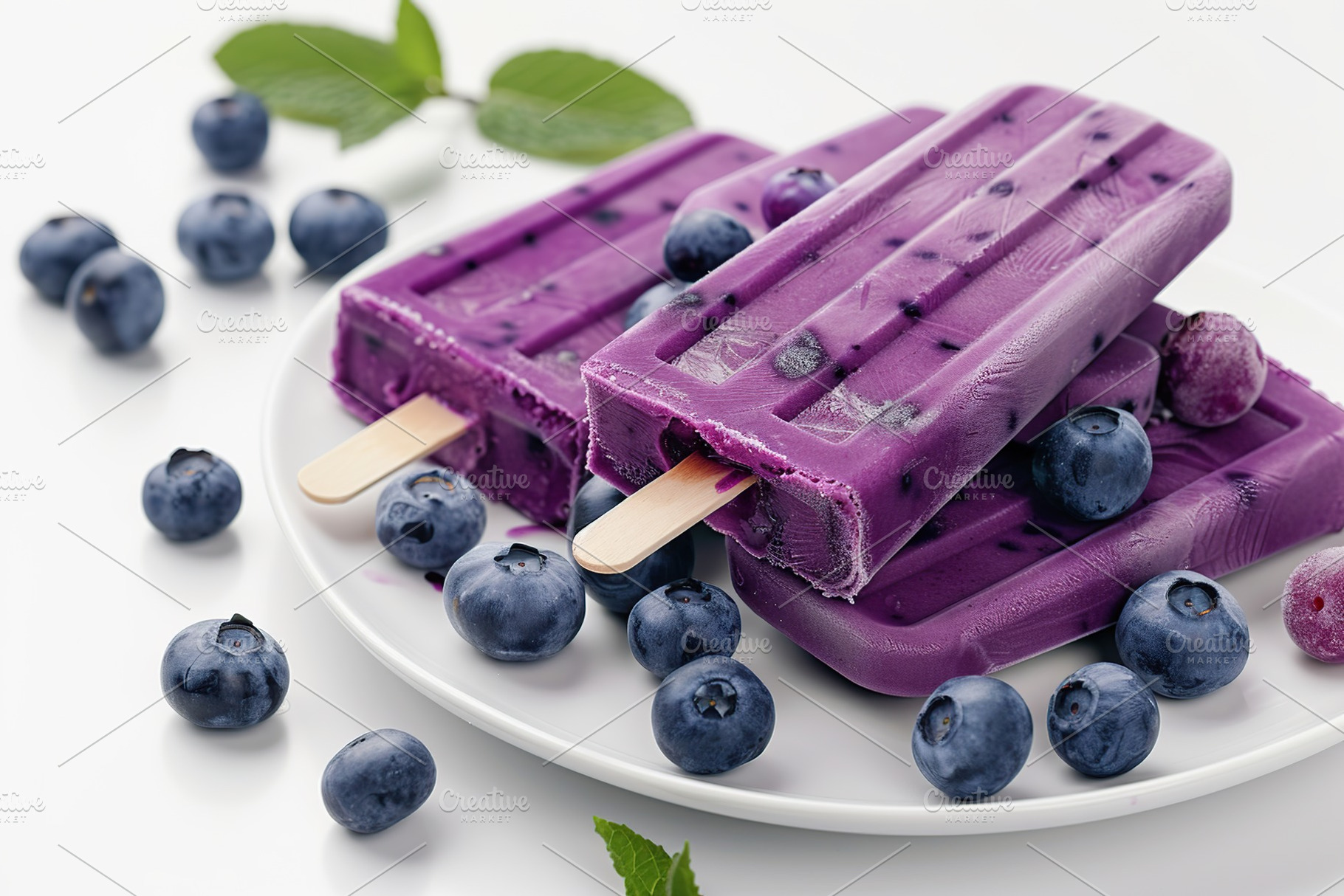 Ice cream popsicles with organic blueberries on white background, a Food & Drink Photo by AlyaAnd