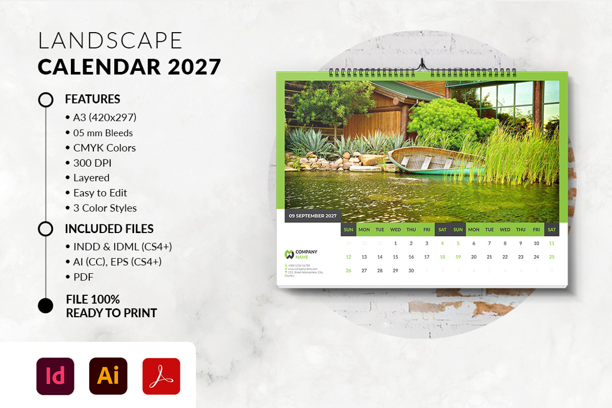 A3 Landscape Calendar 2027, a Stationery Template by MstArtwork (Photo 3 of 6)