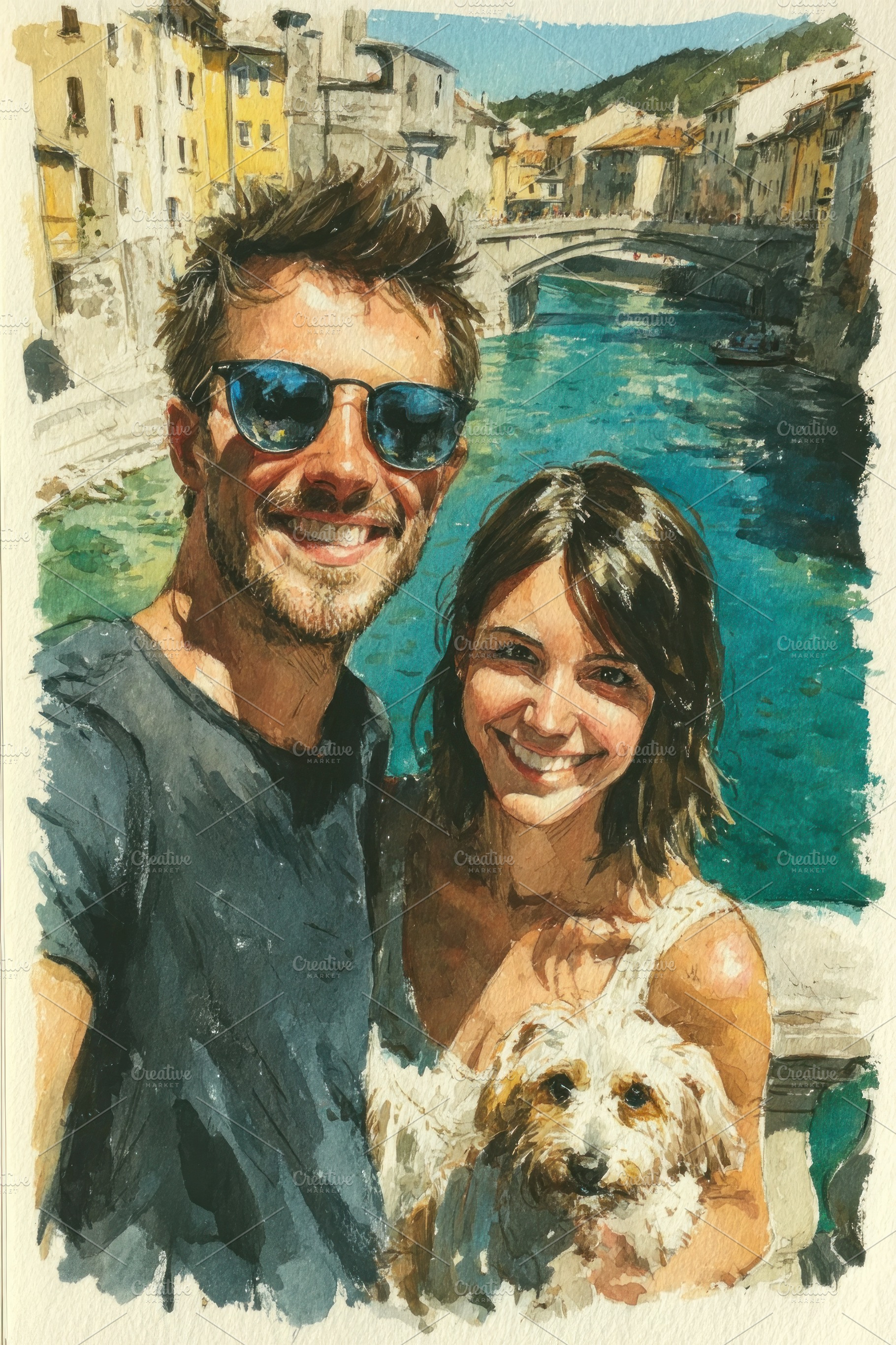 Watercolor Travel Portrait of Smiling Couple with Dog by Scenic, a Person Photo by José Manuel Gelpi