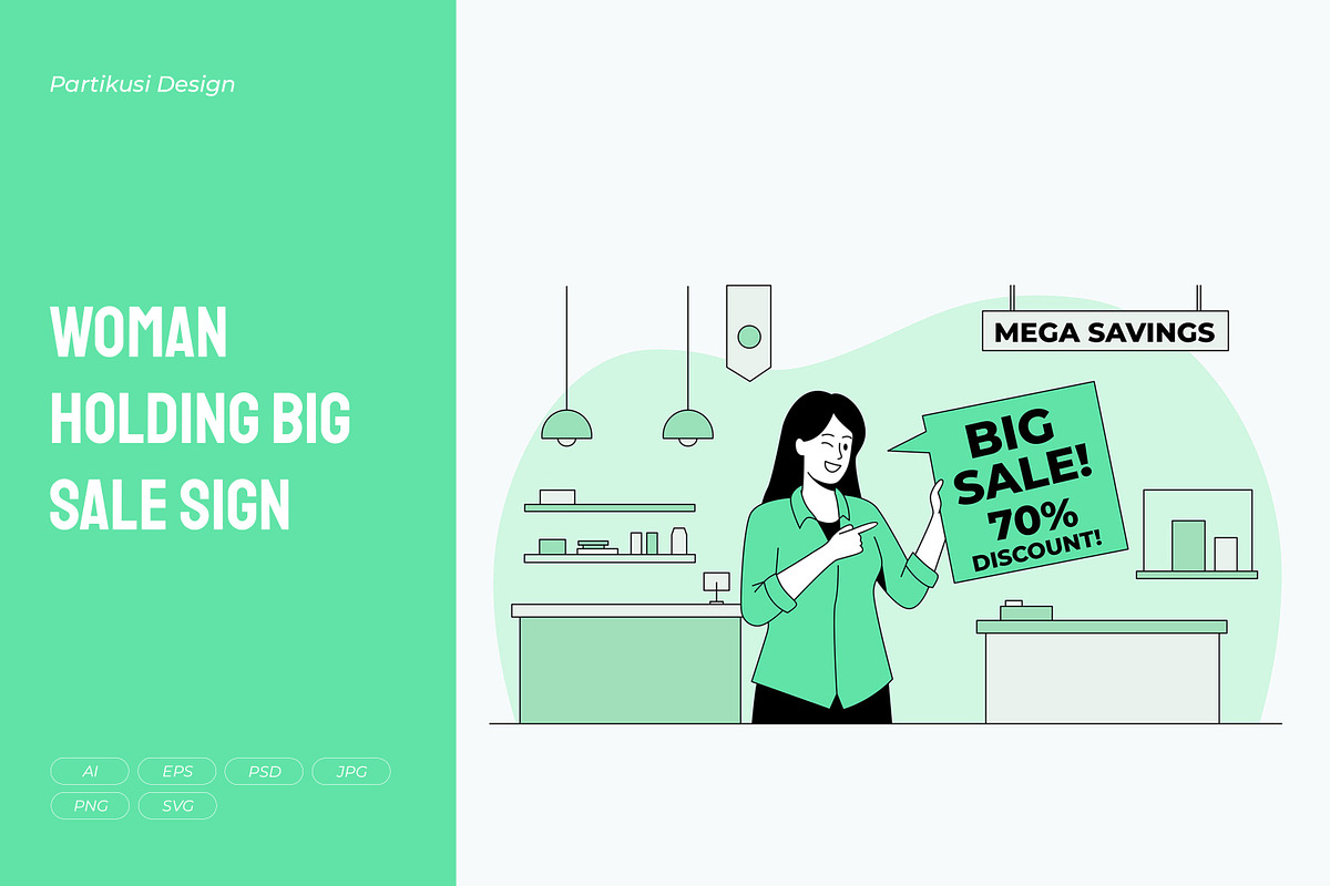 Woman Holding Big Sale Sign Vector, a Person Illustration by Partikusi Design (Photo 1 of 3)