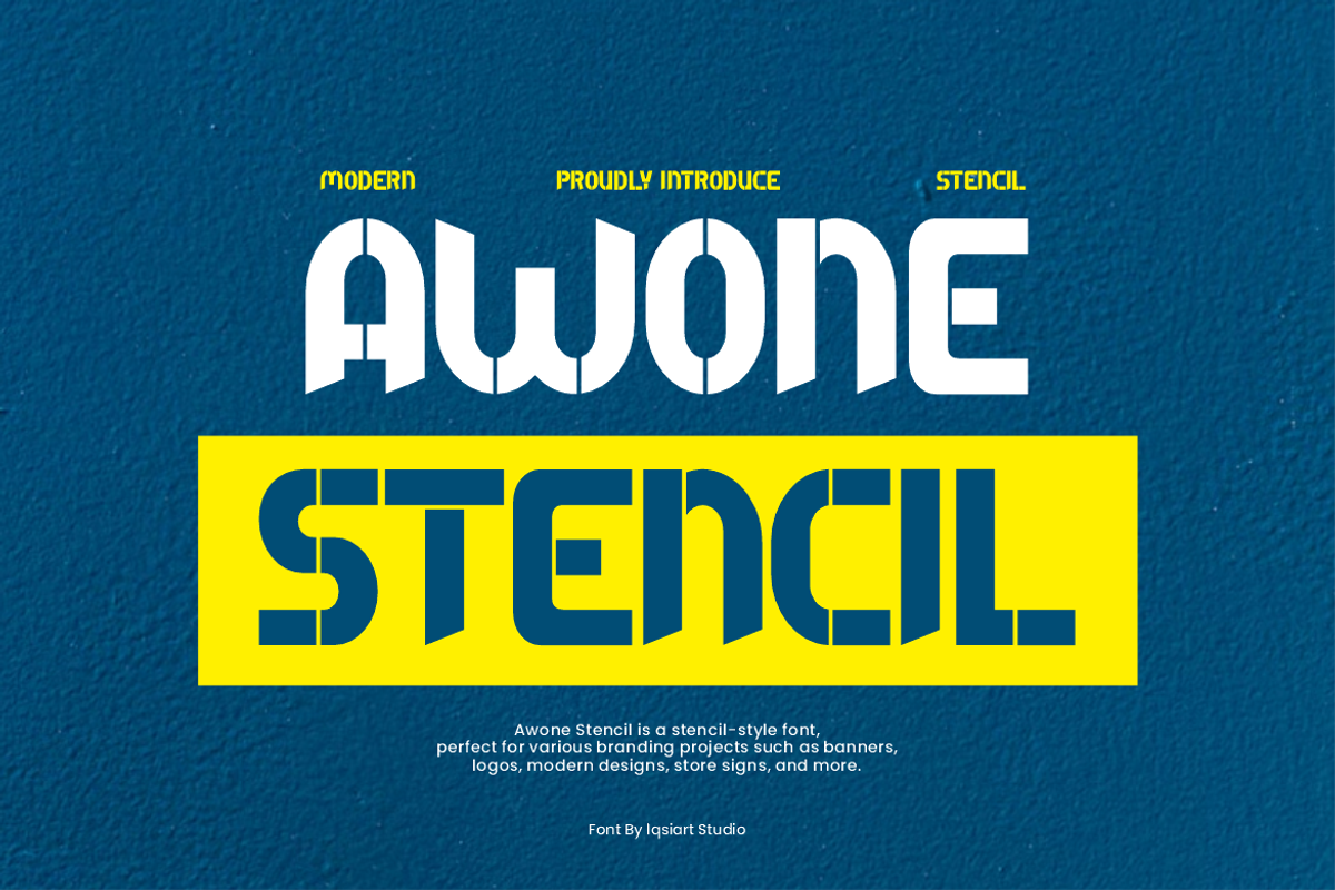 Awone Stencil Font, a Sans Serif Font by Iqsiart Studio (Photo 1 of 7)