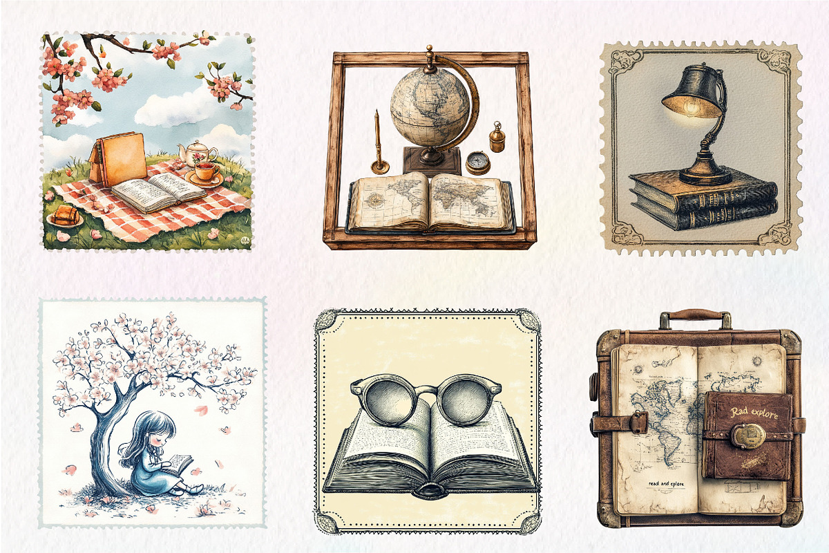 Reading Books Postage Stamp Clipat, an Illustration by CreationArt (Photo 6 of 9)