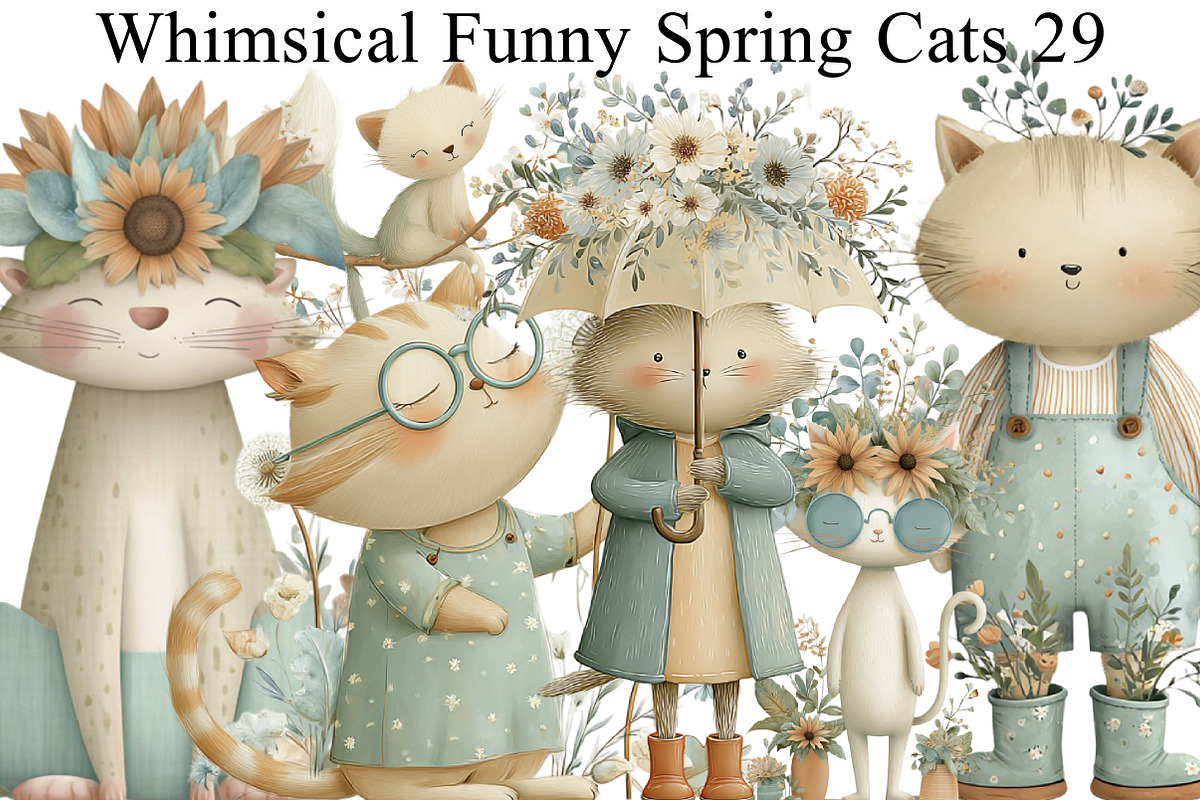 Whimsical Funny Spring Cats Clipart, an Illustration by DreamArtGraphic (Photo 1 of 8)