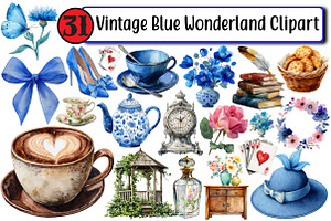 Vintage Blue Wonderland Clipart, an Illustration by Design Market