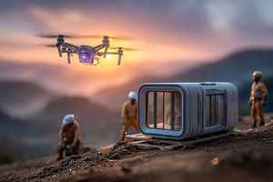 Drone surveying a construction site at sunset with miniature workers around a m, a Photo by AlyaAnd
