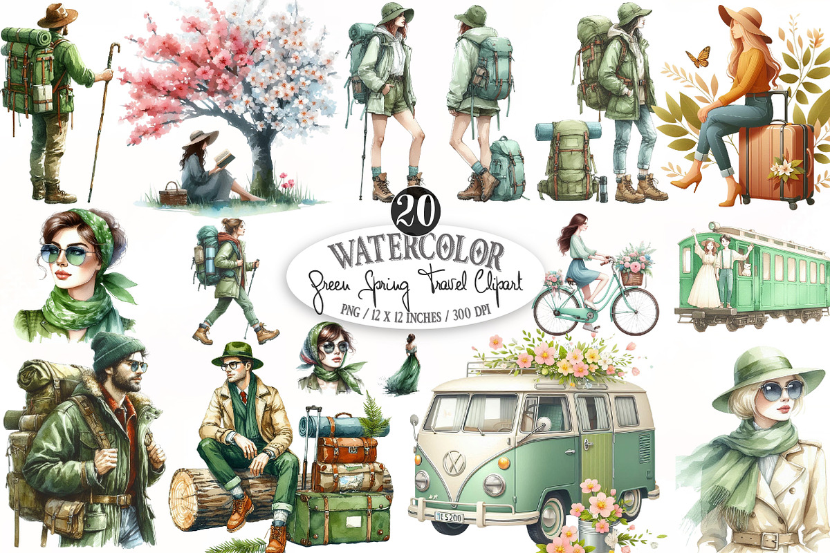 Green Spring Travel Watercolor Clip, an Illustration by Designking (Photo 1 of 4)