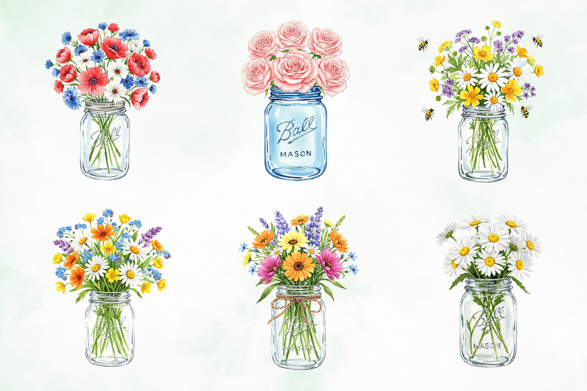 Watercolor Mason Jar Flowers Set, an Illustration by Creative Art (Photo 6 of 9)