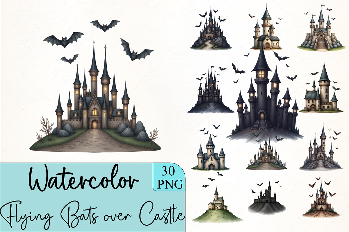 Flying Bats over Castle Clipart, an Illustration by CrexoraLab (Photo 1 of 5)