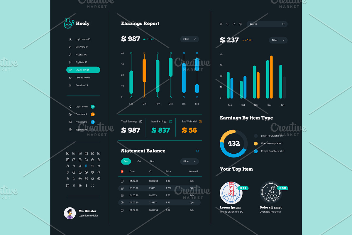 Vector Dashboard Kit Earnings Report, a Templates & Theme by fet