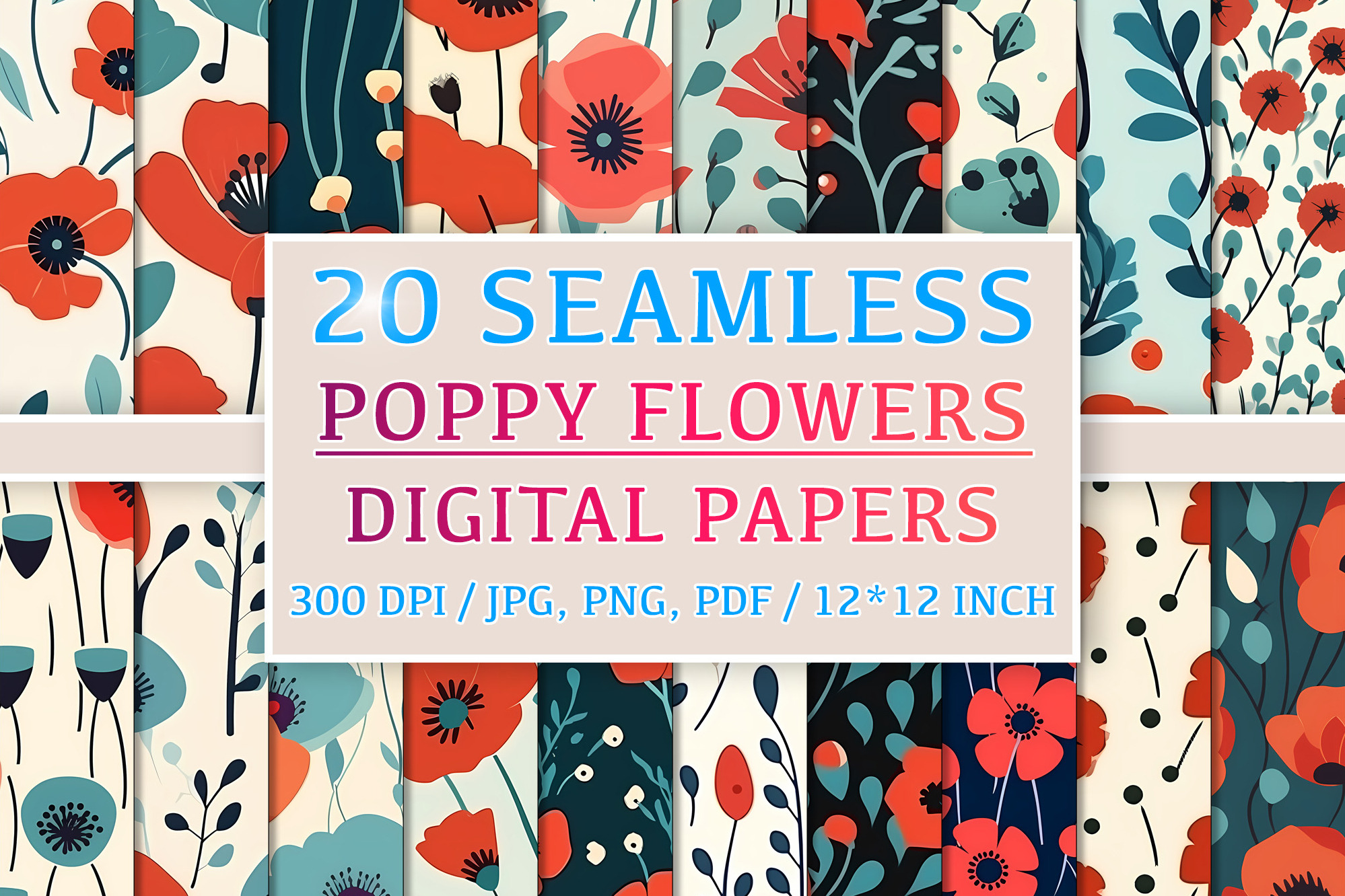 20 Seamless Poppy Flowers Patterns, a Pattern Graphic by Nordic Design