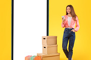 Lady Standing Near Cellphone, Shopping Bags And Boxes, Yellow Background, a Photo by Prostock-Studio (Thumbnail 2 of 2)