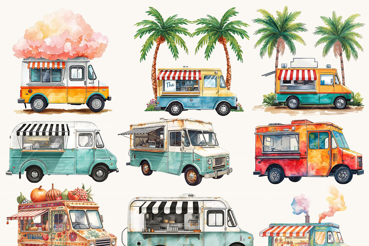 Watercolor Food Truck Clipart Bundle, a Transportation Illustration by Design Scotch (Photo 2 of 9)