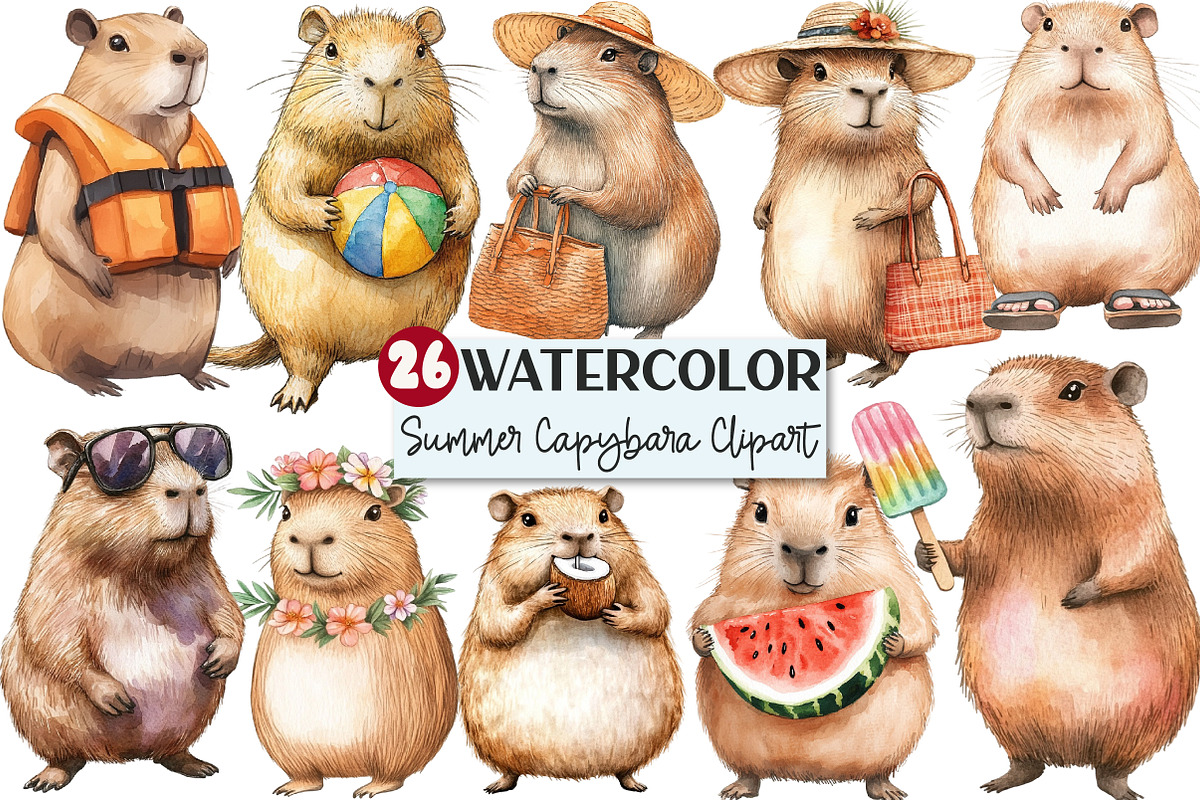 Summer Capybara Watercolor Clipart, an Illustration by Rose Art (Photo 1 of 4)